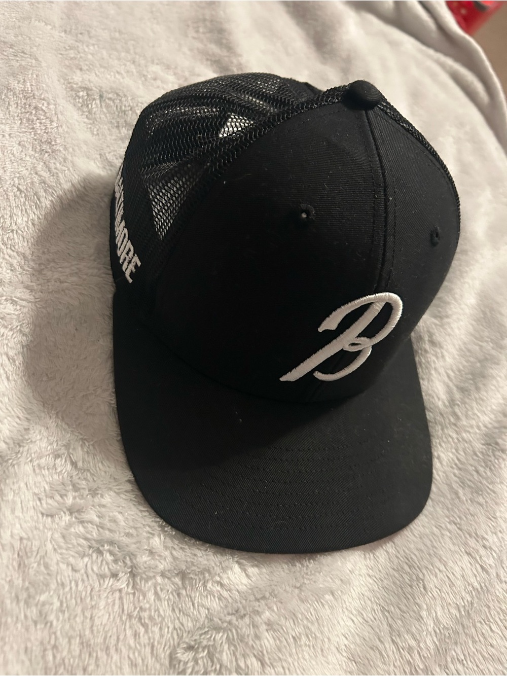 Black Mesh Trucker Hat with White 'B' Embroidery